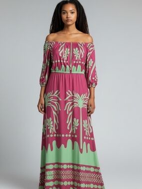 Off-Shoulder Pink & Green Printed Maxi Dress